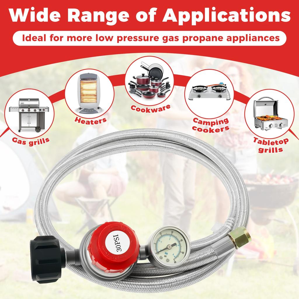 5FT Edelstahl Messing Propanregler und Schlauch 30 PSI Einstellbar Hitzebeständig Gasgrillregler Schlauch für Campingkocher