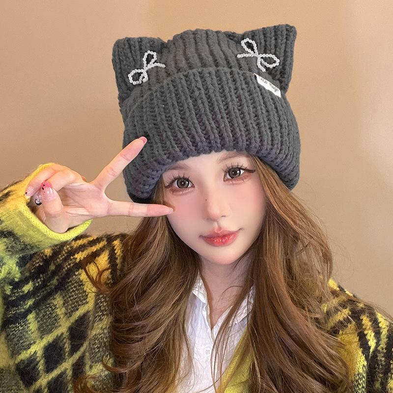 Hat Women's Autumn and Winter Cat Ear Wool Hat Sweet and Cute Bow Warm Knit Hat Ear Protection Cold Pullover Hat