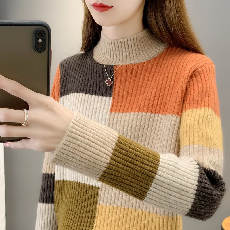 Fall Winter Women's Crew Neck Sweater Loose Contrast Knit Sweater Long Sleeve Pullover Knit Jumper Top