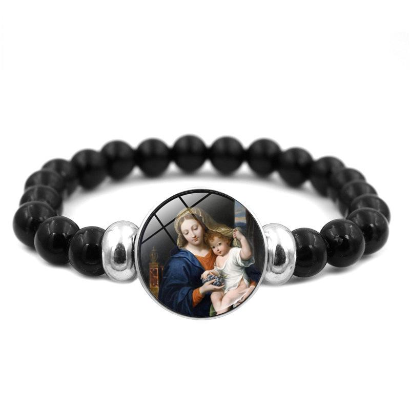 Christliches Jesus-Armband mit schwarzen Perlen, elastischer Schmuck, Jungfrau Maria, Glas-Druckknopf-Armbänder für Männer und Frauen, katholische Geschenke