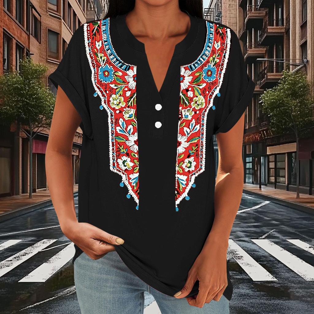 Damen Freizeit Locker Sitzend Kurzarm Knopf V-Ausschnitt Blumenmuster Bluse Top Leicht Atmungsaktiv Sommerhemd