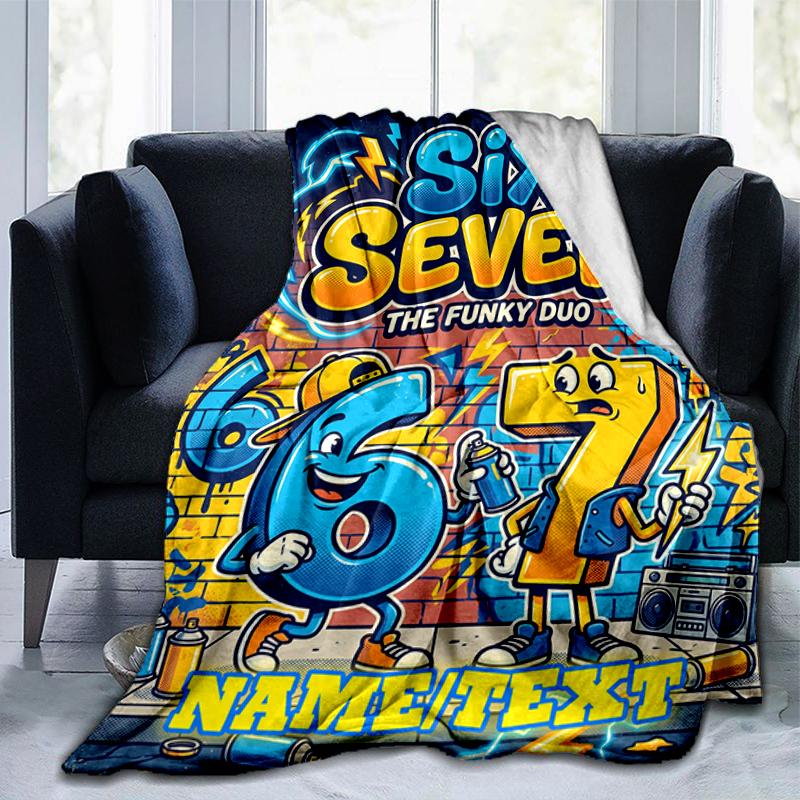 1PC Custom Name "Six Seven: Funky Duo Adventure" Flannel Blanket Versatile,all-season Throw Suitable for the Living Room,bedroom,camping,travel,and Gi