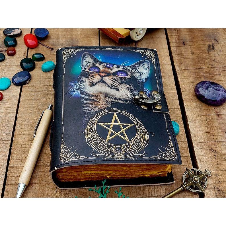 Leather Journal Spell Wizard Cat Book Blank Magik Notebook Book Of Shadows Wiccan Pagan Grimoire Book for Traveling Sketching Best Gift