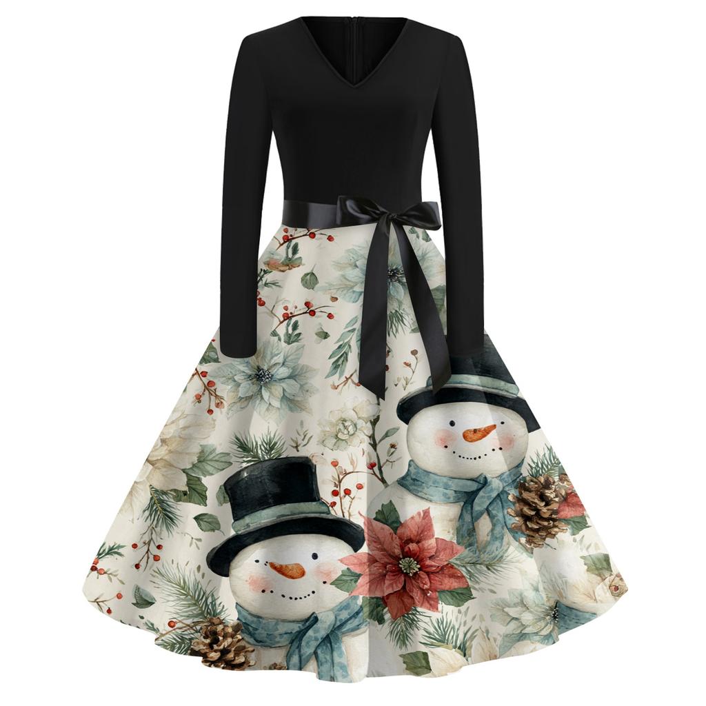 Ladies' Christmas Printed Casual And Fashionable V-neck Long Sleeved Dress