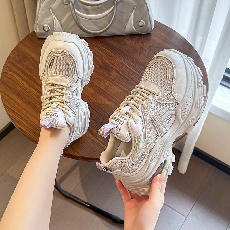 European station leather mesh platform dad shoes women 2025 new versatile round head lace-up casual sports shoes trendy shoes