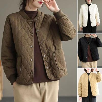Frauen Jacke Stehkragen Langarm Rhombus Textur Einreiher Elastische Bündchen Solide