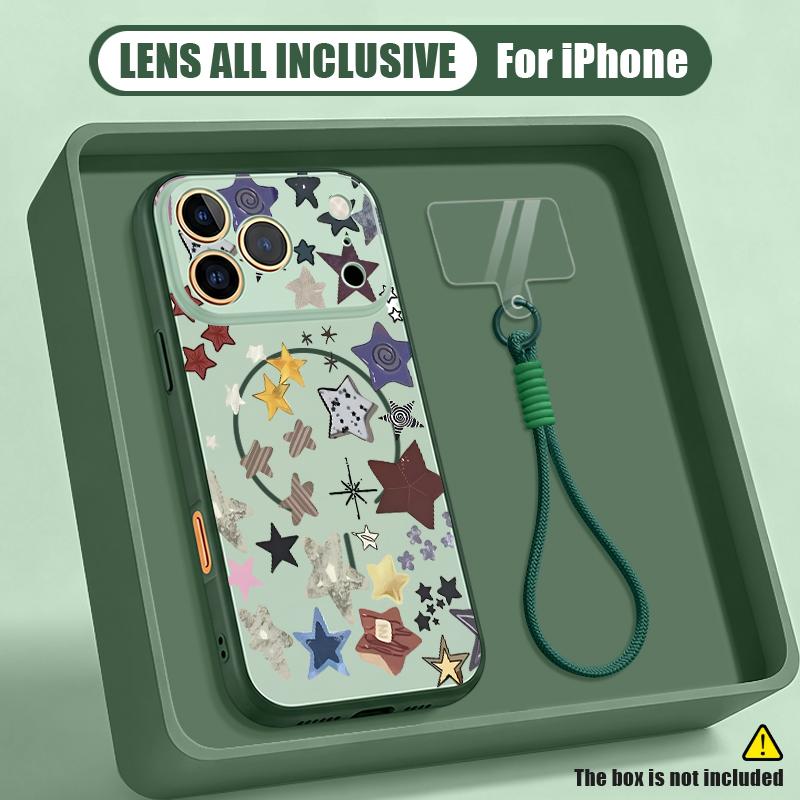 Colorful Stars Print Lanyard Case For iPhone 17 18 Pro Max Skin Feel Magnetic For Magsafe Hard Cover For iPhone 16 15 14 13 Pro Max