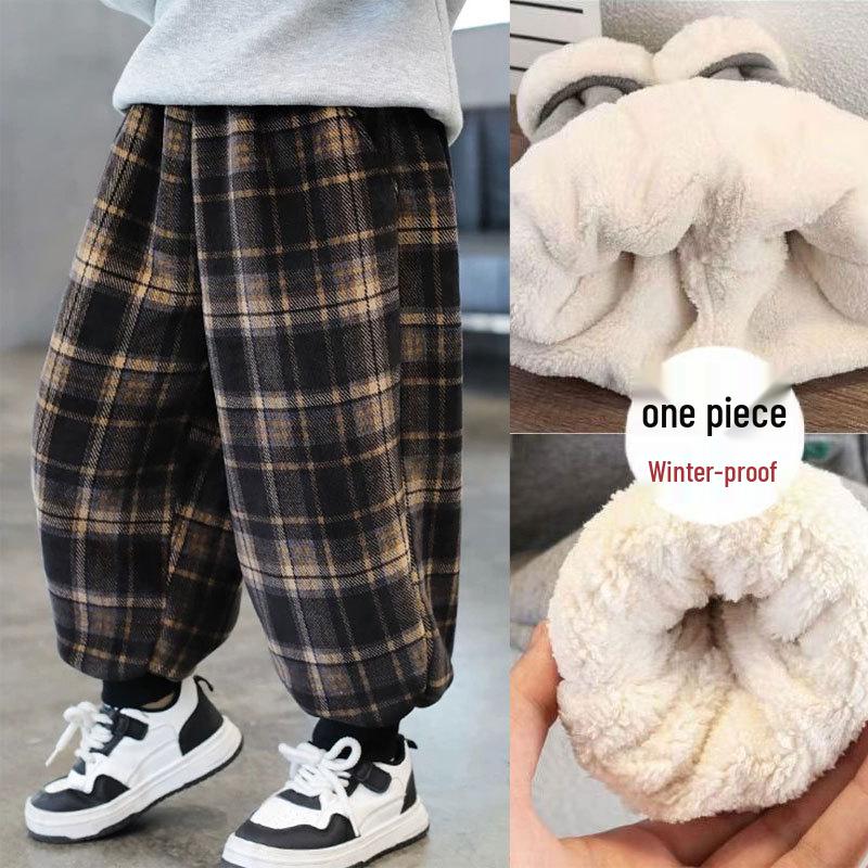 Chlapecké flísové kostkované tepláky: Zimní teplé jednodílné ležérní kalhoty pro batolata