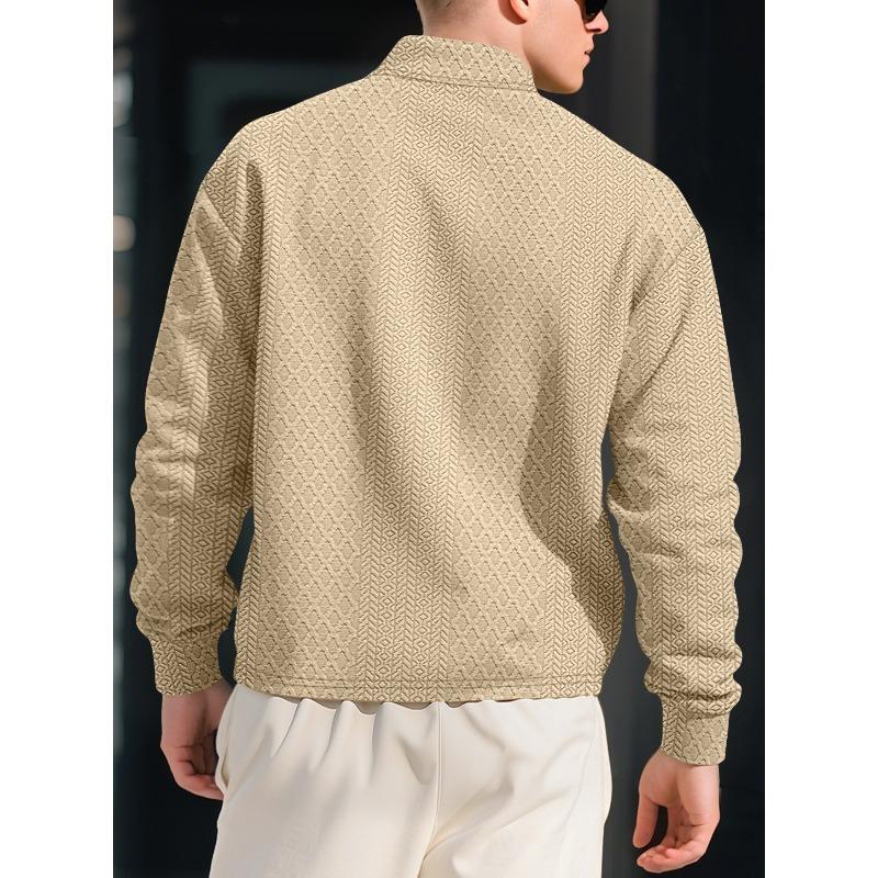 Men's New Solid Color Textured Jacquard Polo Sweatshirt, Lapel Long Sleeve Loose Fit Button Casual Pullover, European American Style