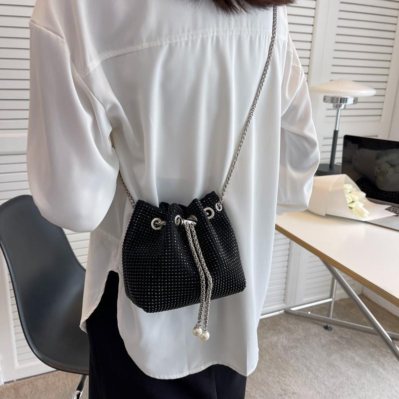 Luxury Rhinestone Shoulder Bags For Women Pearl Chains Bucket Crossbody Bags Drawstring Underarm Handbag Messenger Purse Quality