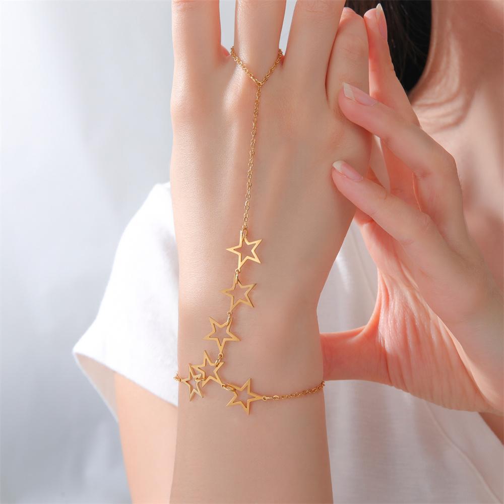 Star Charms Bracelet Ring Hollow Out Solid Stars Bracelet with Finger Chain Stainless Steel Adjustable Chain Jewelry Party Daily