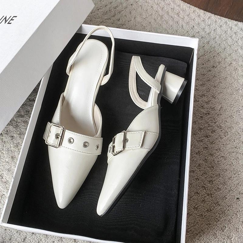Small Fragrant Style Women Shoes Circle High Heel Sandals Solid Color Pointed Toe Ladies Back Style Single Shoes Shoes for Women