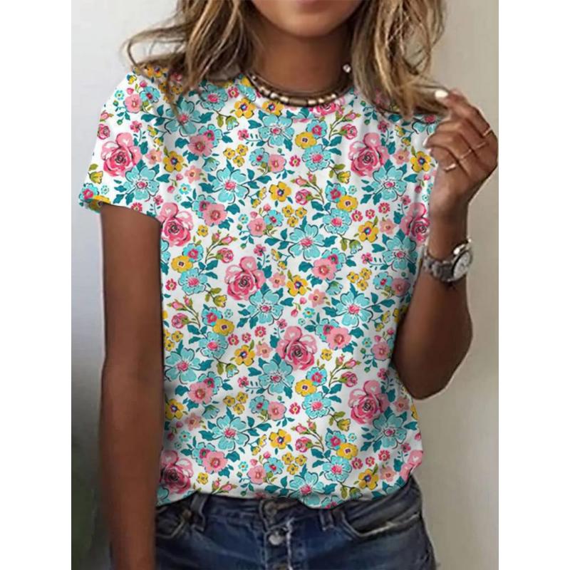 Fashion Women s Summer Crew Neck Short Sleeve 3D Flower Color Printed Crew Neck T-Shirt XS