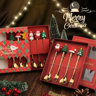 4 adet Noel Hediyesi Altın Kaşık Çatal Seti Elk Noel Ağacı Dekorasyon Tatlı Kepçe meyve çatalı Kahve Kaşığı çatal bıçak kaşık seti