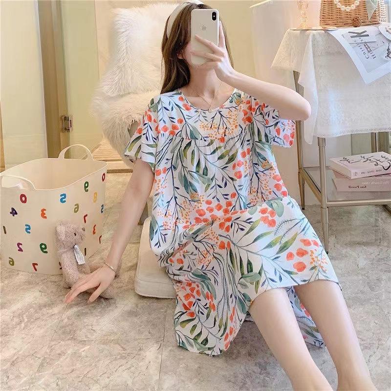 Women's Short Sleeve Women's Cotton Silk Nightgown Printed Summer Nightdress Home Clothes