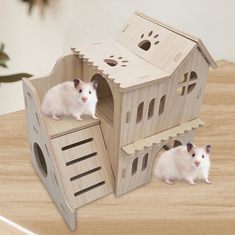 Large Hamster House Fun House Double-Decker Hut With Climbing Ladder Large Wooden Small Animals Pets Exploring Toys For