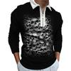 Skull Print Long Sleeve Polo Shirt, Cool Casual Men's Top