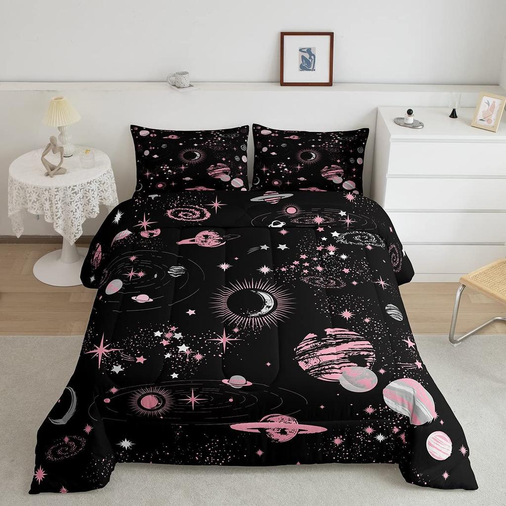 Galaxy Comforter Sets, 3D Outer Space Themed Bedding, All-Season Quilted Duvet, for Children Boy Girl Teen Kids with Pillow Sham