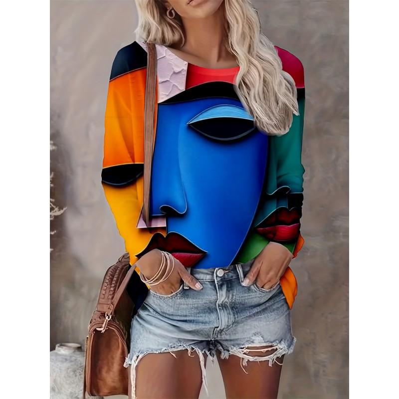 Abstract Tie-Dye 3D Digital Print Loose Fit Womens Crew Neck Long Sleeve T-Shirt Casual Comfort Top