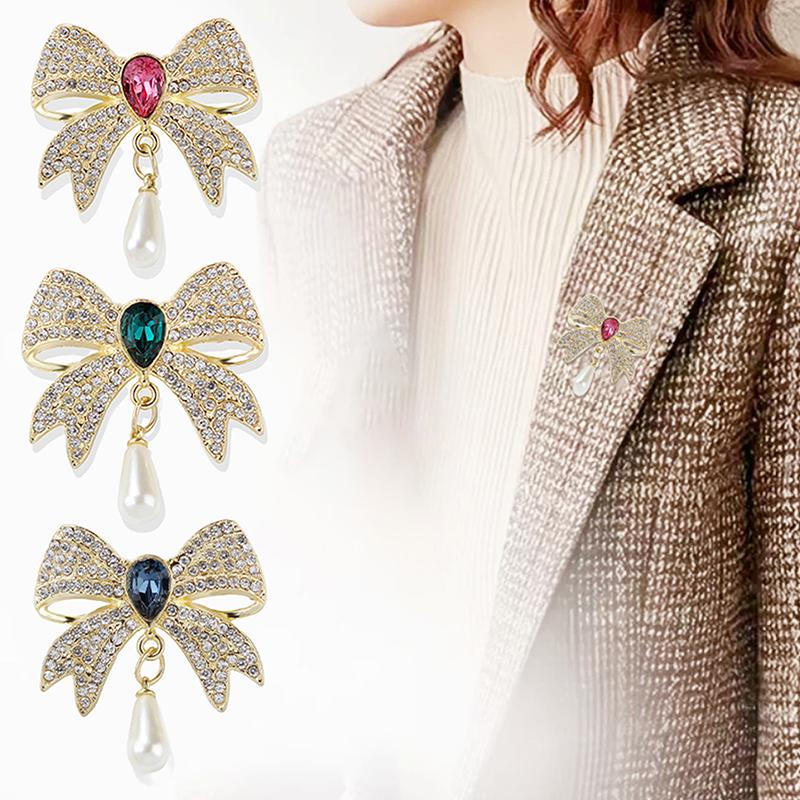 Vintage Light Luxury Rhinestone Bow Brooches Women Clothing Coat Jewelry Accessries Gifts