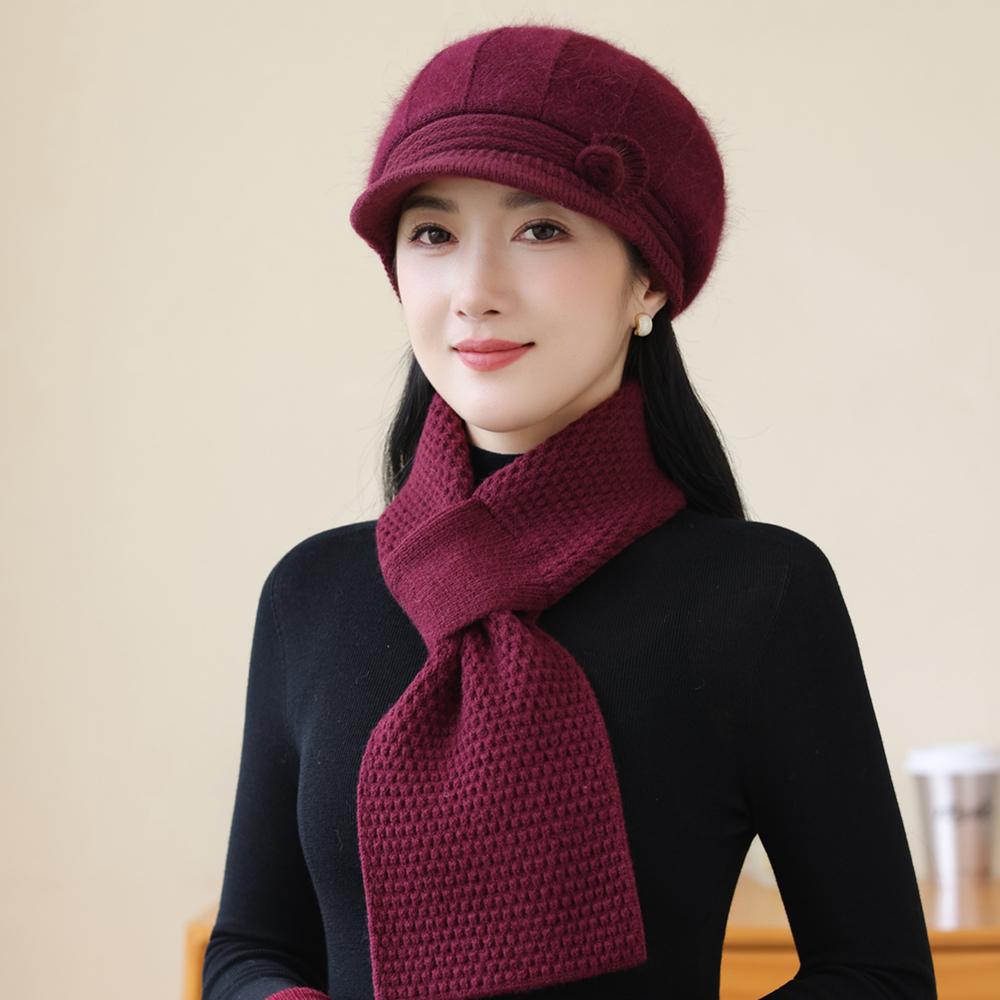 New Women Fashion Winter Warm Suit Female Dandy Hats For Women Casual Rabbit Fur Blend Knit Hat Winter Warm Cap Set