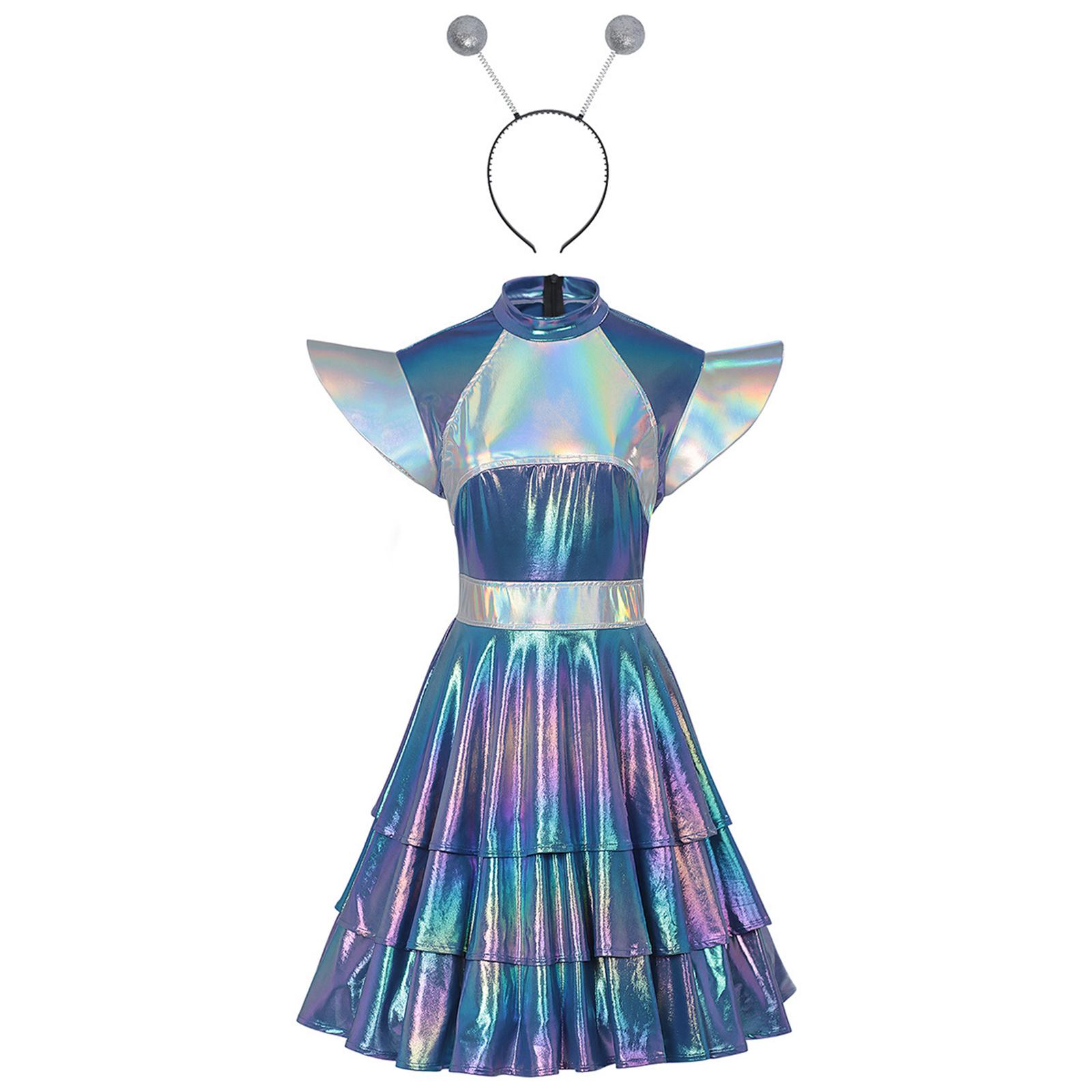 Women Costume Shiny Holographic Pleated Dance
