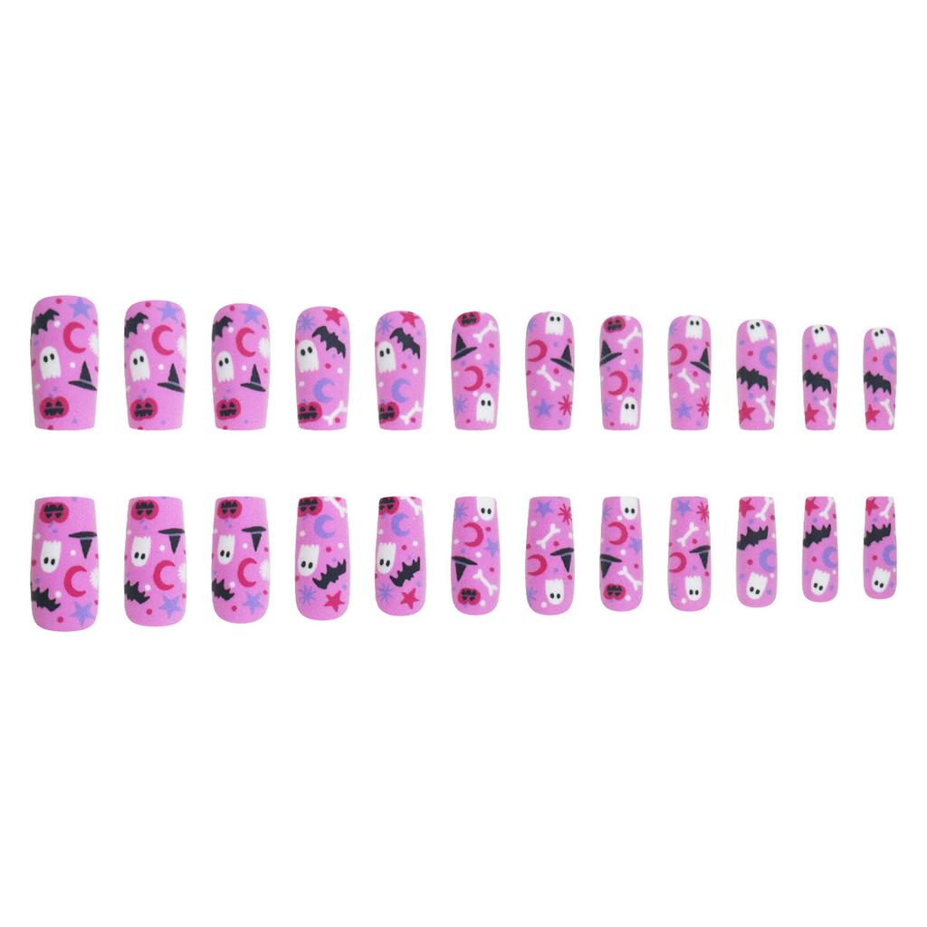 24PCS Halloween Theme Fake Nails with Ghost Print Natural Unbreakable Nail Simple Wear for Hot Girl Dress Matching