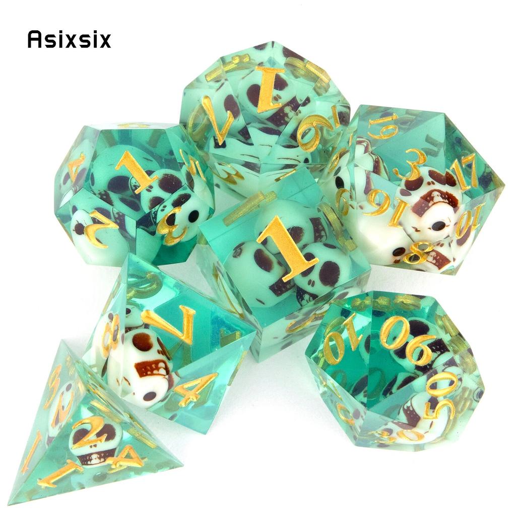 7 Pcs Green Skull Resin Golden Number Sharp Edge Dice Polyhedral Dice Suitable for Role-Playing RPG  Board Game Card Game