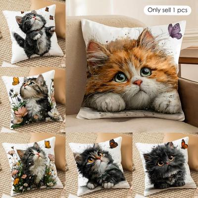 Cute Cat And Flower Cushion Cover Short Plush Double-Sided Print Square Throw Pillow Covers Sofa Home Cushion Decor