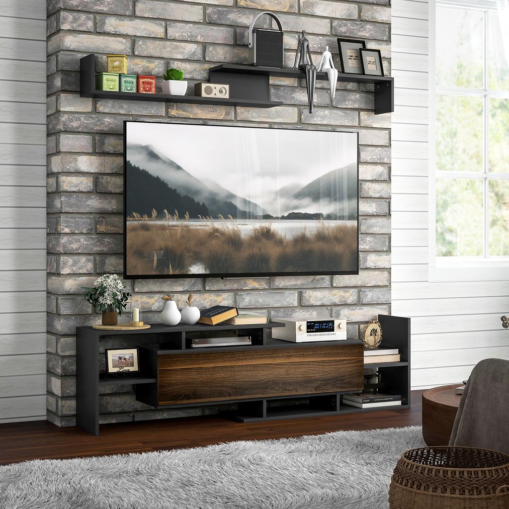 TV Cabinet with Wall Shelf, Open Shelves and Cabinet In Wood, Black and Brown