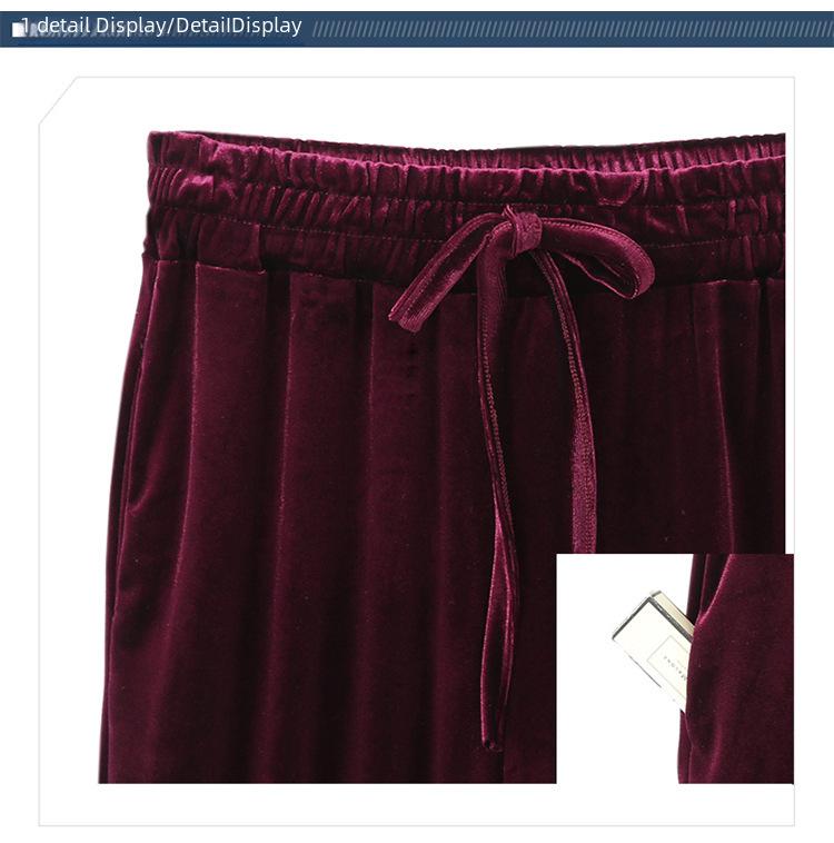 Dámské zlaté sametové kalhoty s vysokým pasem a širokými nohavicemi - Nadměrná velikost, ležérní kalhoty