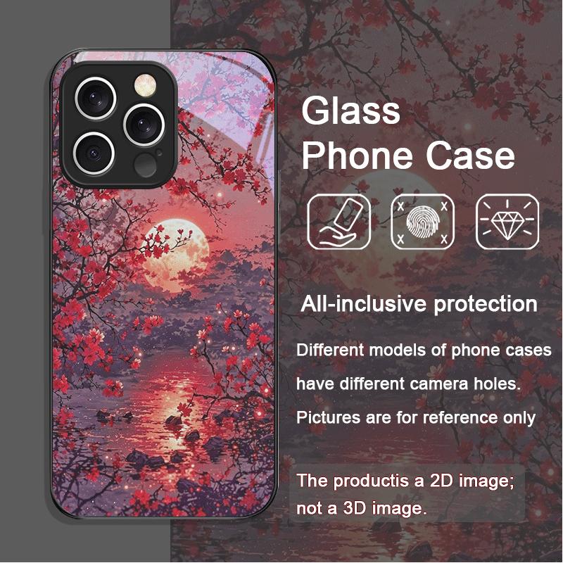 Moon Cherry Blossom Pattern Scenery Tempered Glass Phone Case for iPhone 17 16 Pro Max 15 14 13 12 11 Mini XS XR 7 8 Plus Cover