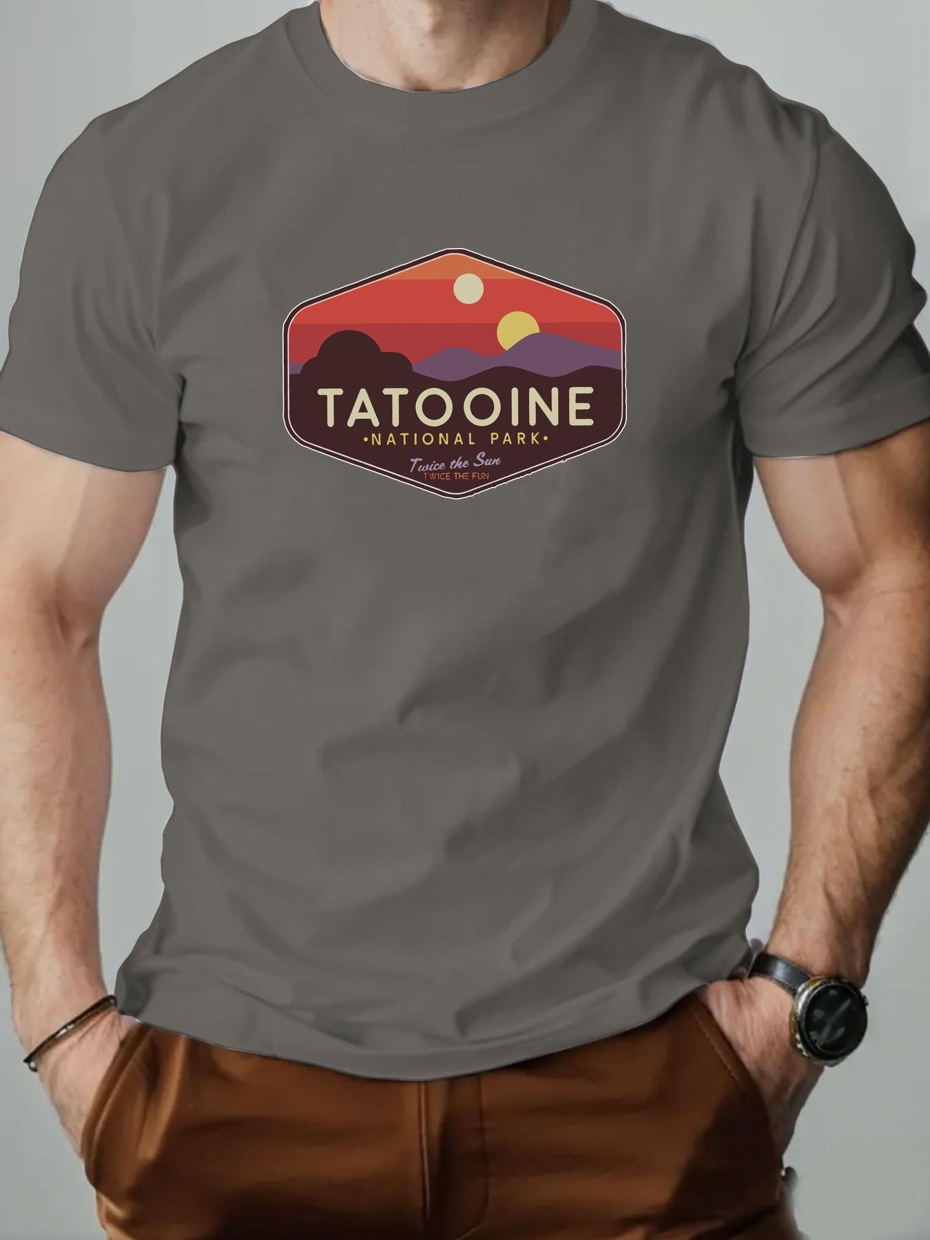

Mens Tatooine National Park Pattern Summer Tshirt Bright Yellow Casual Shortsleeved Top with Sunset Mountain View Design 4XL