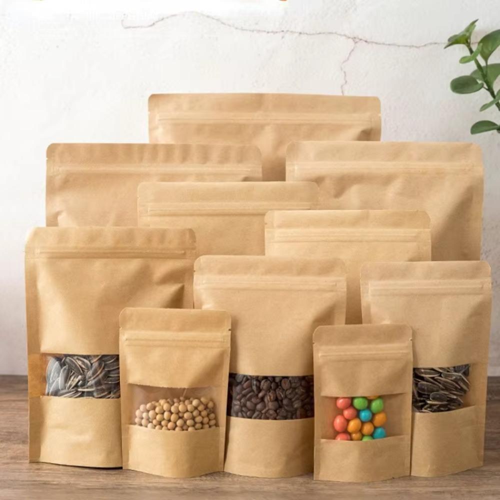 50pcs Moisture-proof Kraft Paper Self Sealing Bags with Window Food Repacking Pocket  Nuts