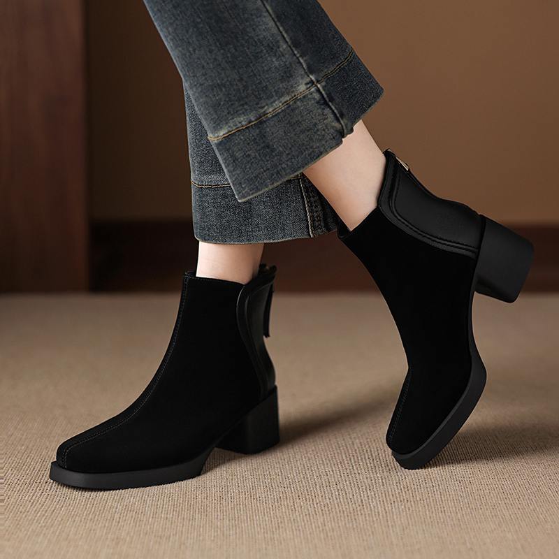 Krazing Pot Cow Suede Nubuck Winter Round Toe Modern Boots Med Heels Zipper Patch Work Women Ankle Boots