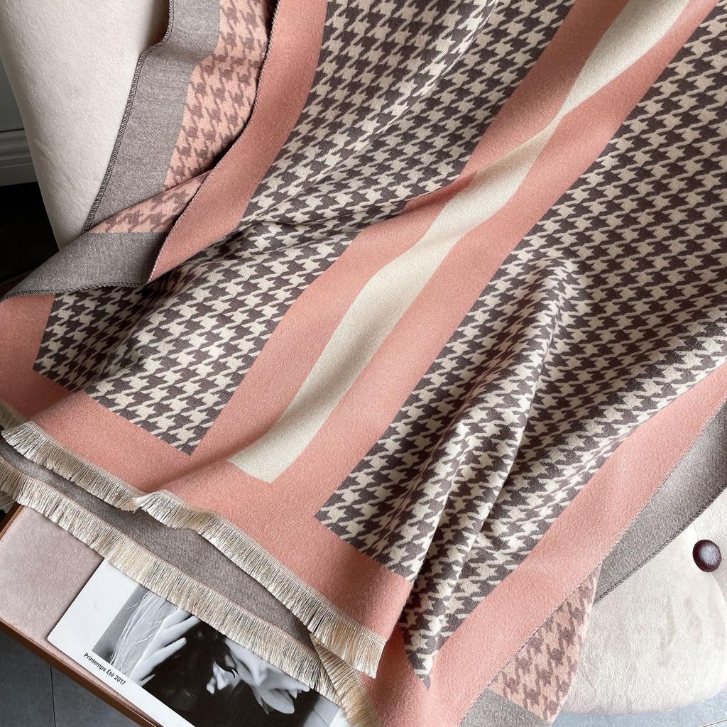 Imitation Cashmere Scarf Women'S Air-Conditioned Room Shawl Thousand Bird Grid Jacquard Elegant Long Scarf Short Beard Fringe Decorative Scarf