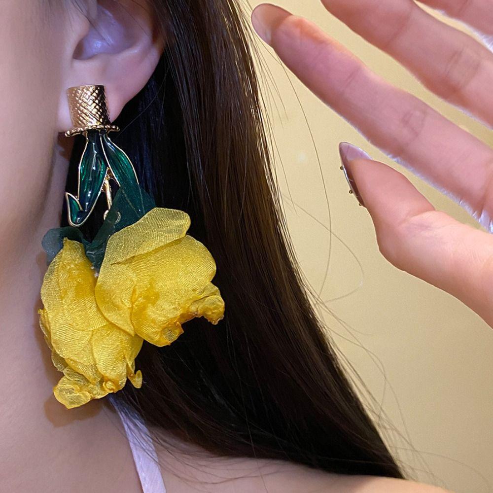 Exaggerated Long Flower Earrings Yellow / Rose Red Dangle Earrings Ear Studs  Garden