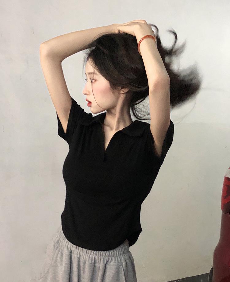 Women's Summer Slim Fit Korean-Style Polo T-Shirt with Ice Silk and Irregular Hem