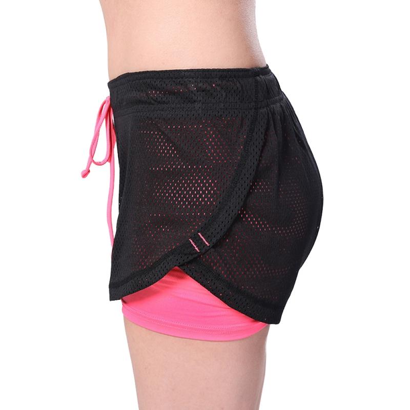 Casual Sports Shorts Fake Two Pieces Drawstring Mesh Double Layer Fitness Training Running Shorts