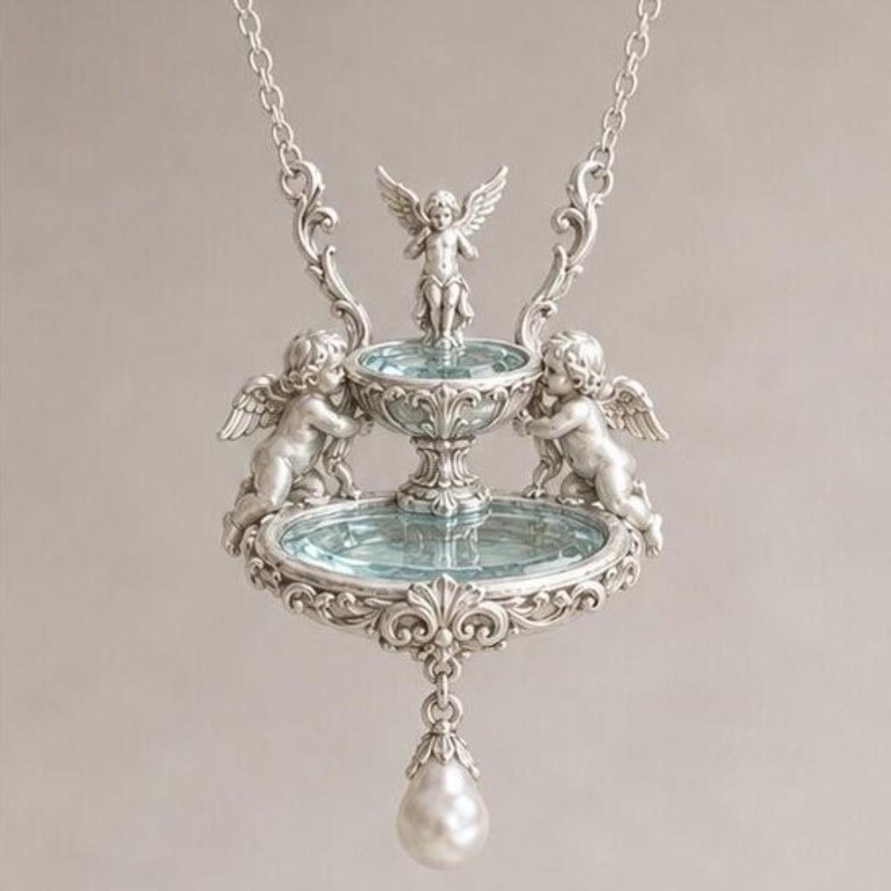 Retro Design Clavicle Chain Embossed Detail Wishing Fountain Necklace  Vintage Fashion