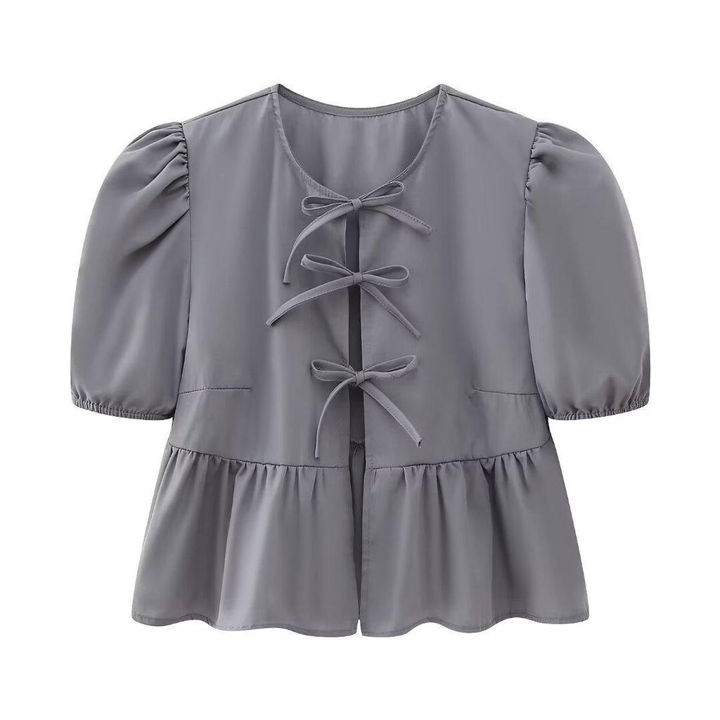 2024 Spring Women's Street Fashion Lace-up Puff Sleeve Top