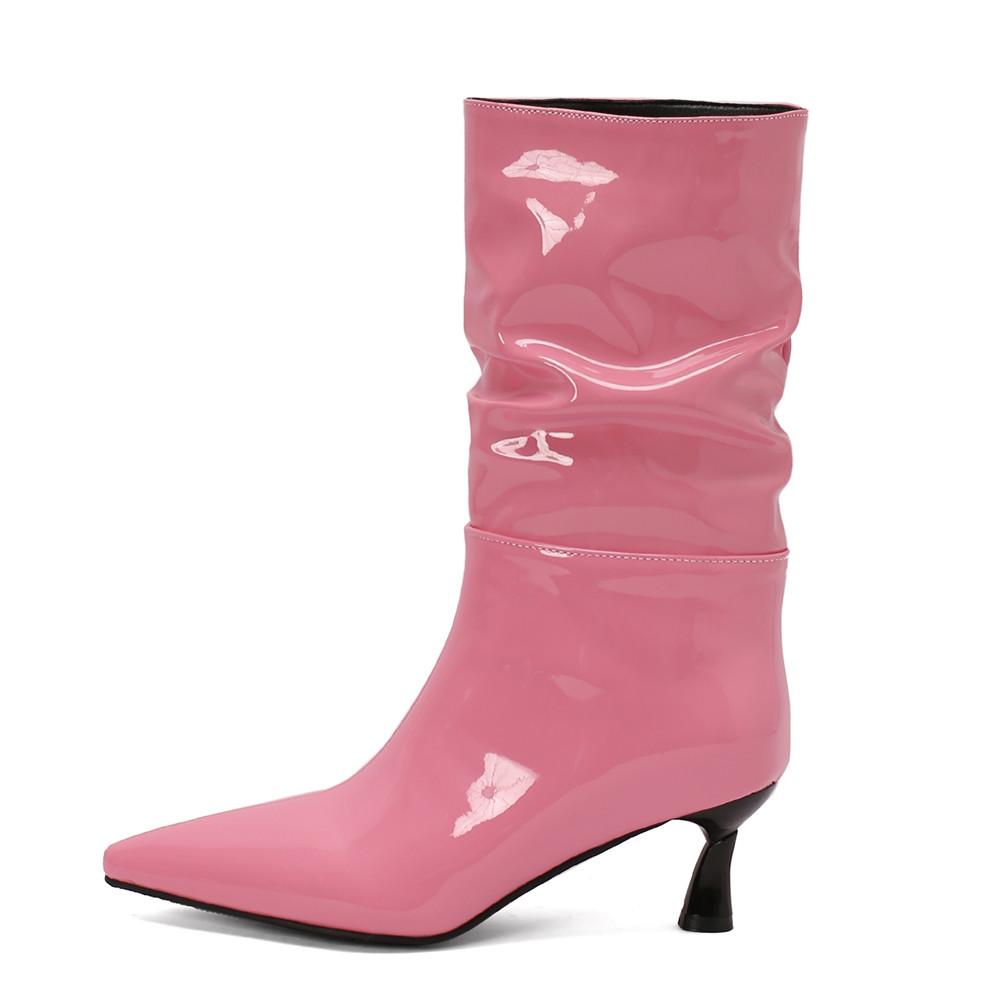 

Модные новые осенние женские сексуальные полусапожки из лакированной кожи на высоком каблуке, ботильоны с острым носком, каблуки-шпильки, западные плиссированные короткие сапоги 32 розы красного