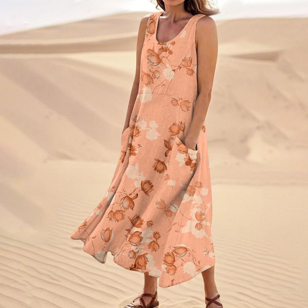 Women's Summer Casual Fashion Flower Printed Sleeveless  Pocket Dress