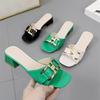 High heel cool slippers outer wear student thick heel 2025 summer new low heel square head Internet celebrity girl fashion word