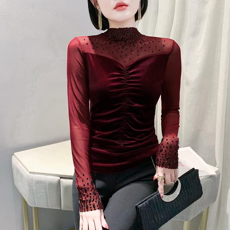 2024 Autumn/Winter V-Neck Women's Long Sleeve Beaded T-Shirt with Stylish Hot Drilled Design