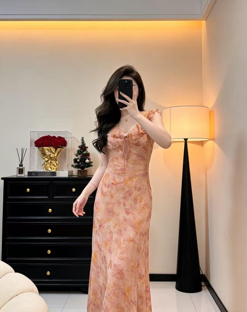 French Pink Ruffled Floral V-Neck Sleeveless Dress - Women's 2026 New Summer Collection