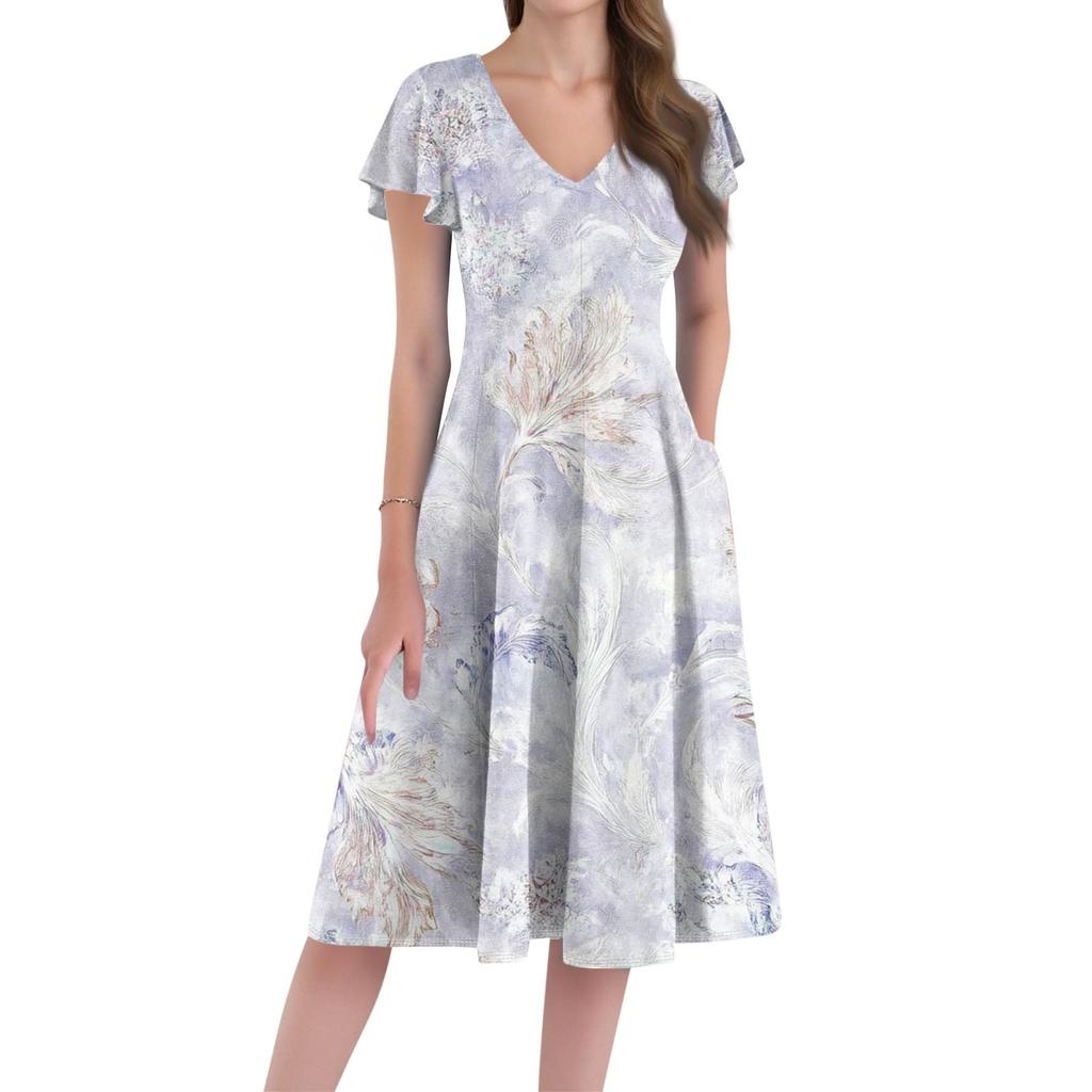 A Casual And Fashionable V-Neck Short-Sleeved Medium-Length Dress With Floral Prints For Women