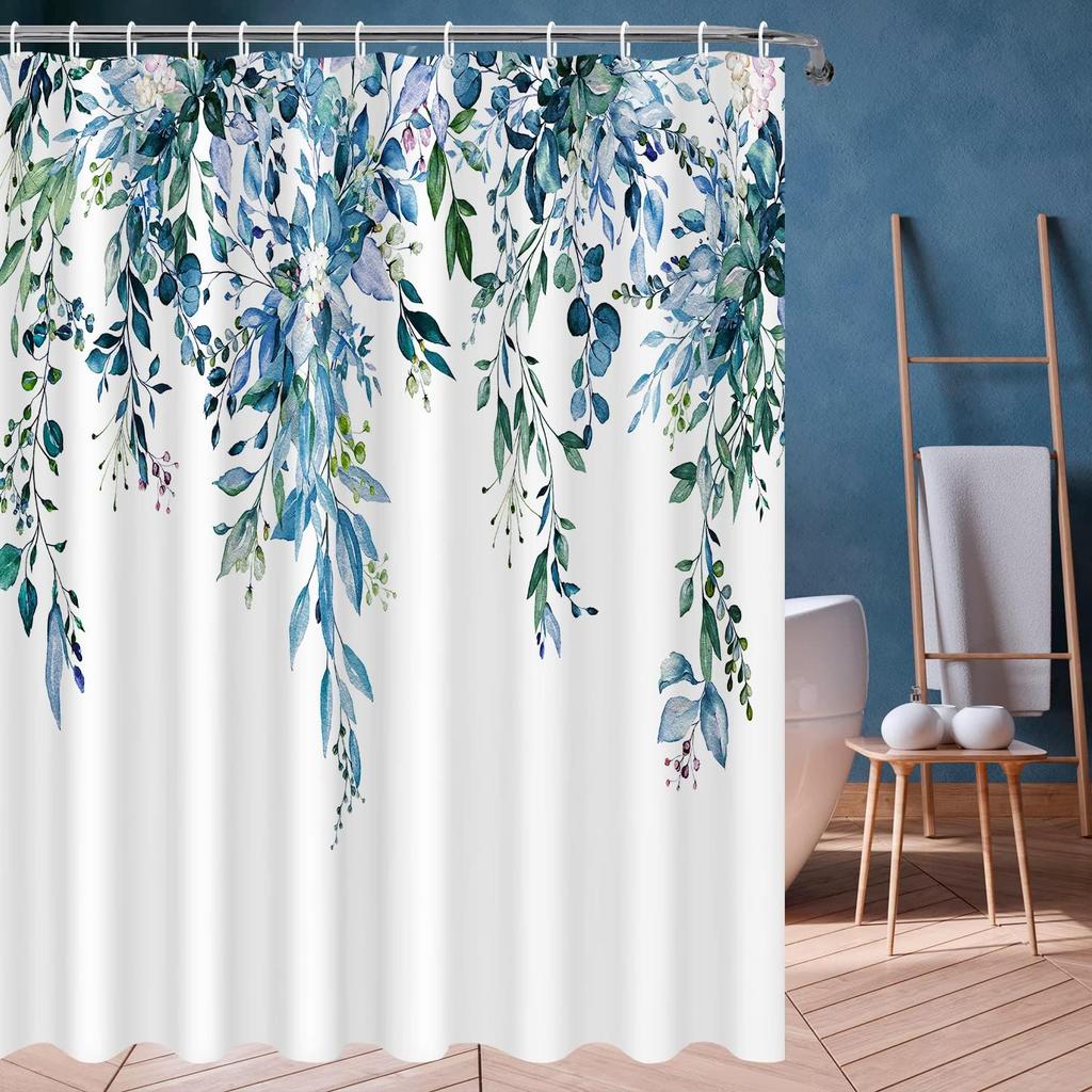 Blue Purple Eucalyptus Leaves Shower Curtains 72X72 Inch, Waterproof Fabric Stylish Botanical Bathroom Shower Curtain With Hooks