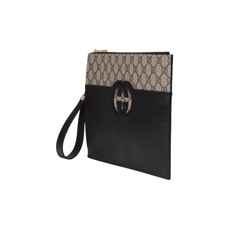 Gucci Zipper Closure with Cutout Interlocking Double G Logo Canvas and Leather Clutch Men's Black