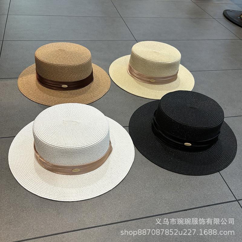 French Elegant Generous Flat Top Flat Brim Straw Hat Women's Spring and Summer Big Brim Sunshade Sun Protection Outdoor Travel Beach Sun Hat
